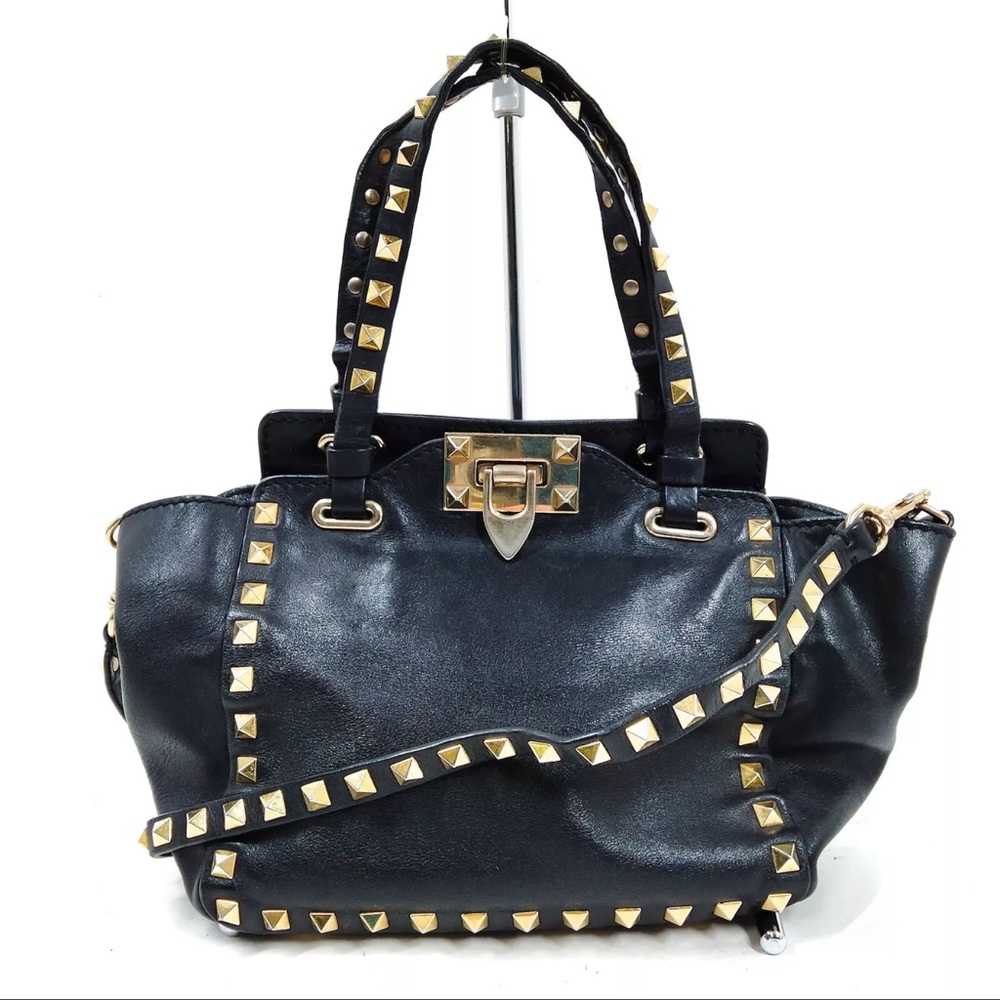 AUTH Valentino Garavani Mini Leather Rockstud Tote Crossbody Black